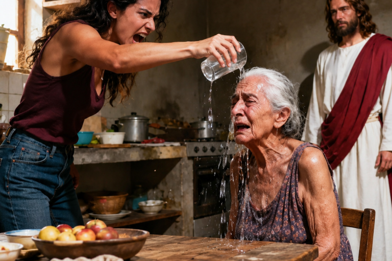 Su Hija Le Tiró Agua en la Cara por Pedir Comida… Pero Esa Noche Jesús Le Preparó una Mesa y Cambió Su Destino
