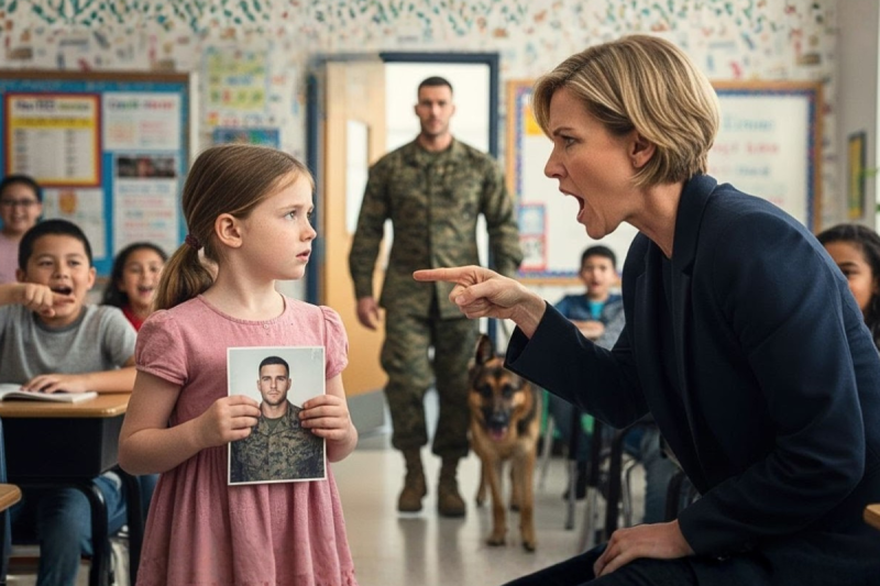 “La Maestra Humilló a una Niña por Hablar de su Padre Marine… Sin Saber que Él Llegaría con su Perro K-9 para Revelar la Verdad”