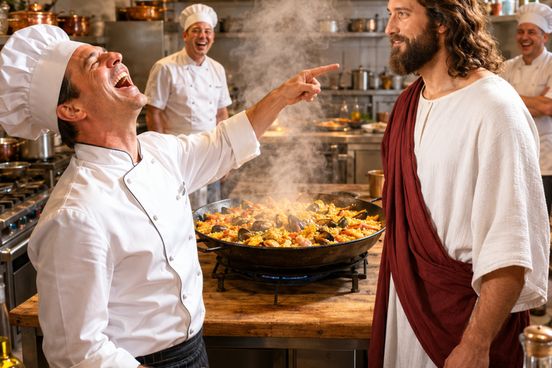“El Chef Arrogante Apostó 500,000 Pesos por una Paella… Sin Saber que el Lavaplatos Era Jesús Disfrazado”