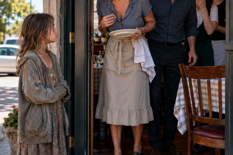 Una niña sin hogar apareció en la puerta del restaurante familiar pidiendo comida, pero su collar escondía la verdad que mi esposo había jurado llevarse a la tumba.
