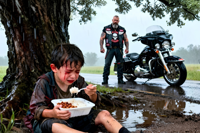 Un motociclista encontró a su hijo comiendo bajo la lluvia detrás de una fonda… y lo que descubrió sobre su padrastro destrozó a todo el pueblo