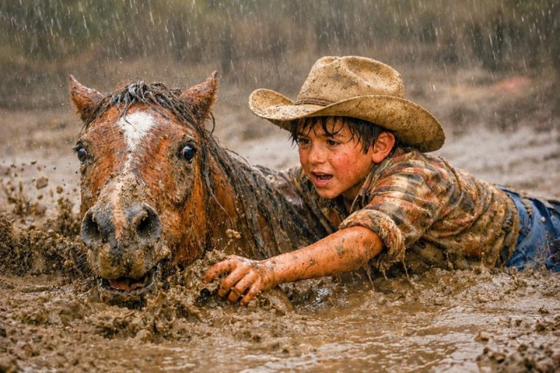 CÁLMATE, TE VOY A SALVAR, DIJO EL NIÑO VAQUERO MIENTRAS SE ARRIESGABA PARA SALVAR AL CABALLO…