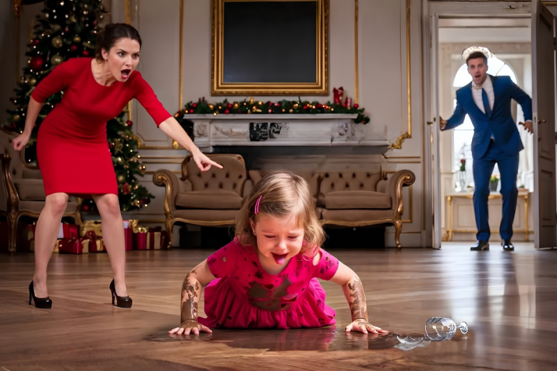 La madrastra obligó a la niña a limpiar con dolor su “error” en Navidad… pero cuando el padre llegó antes de tiempo, descubrió el infierno escondido dentro de su mansión